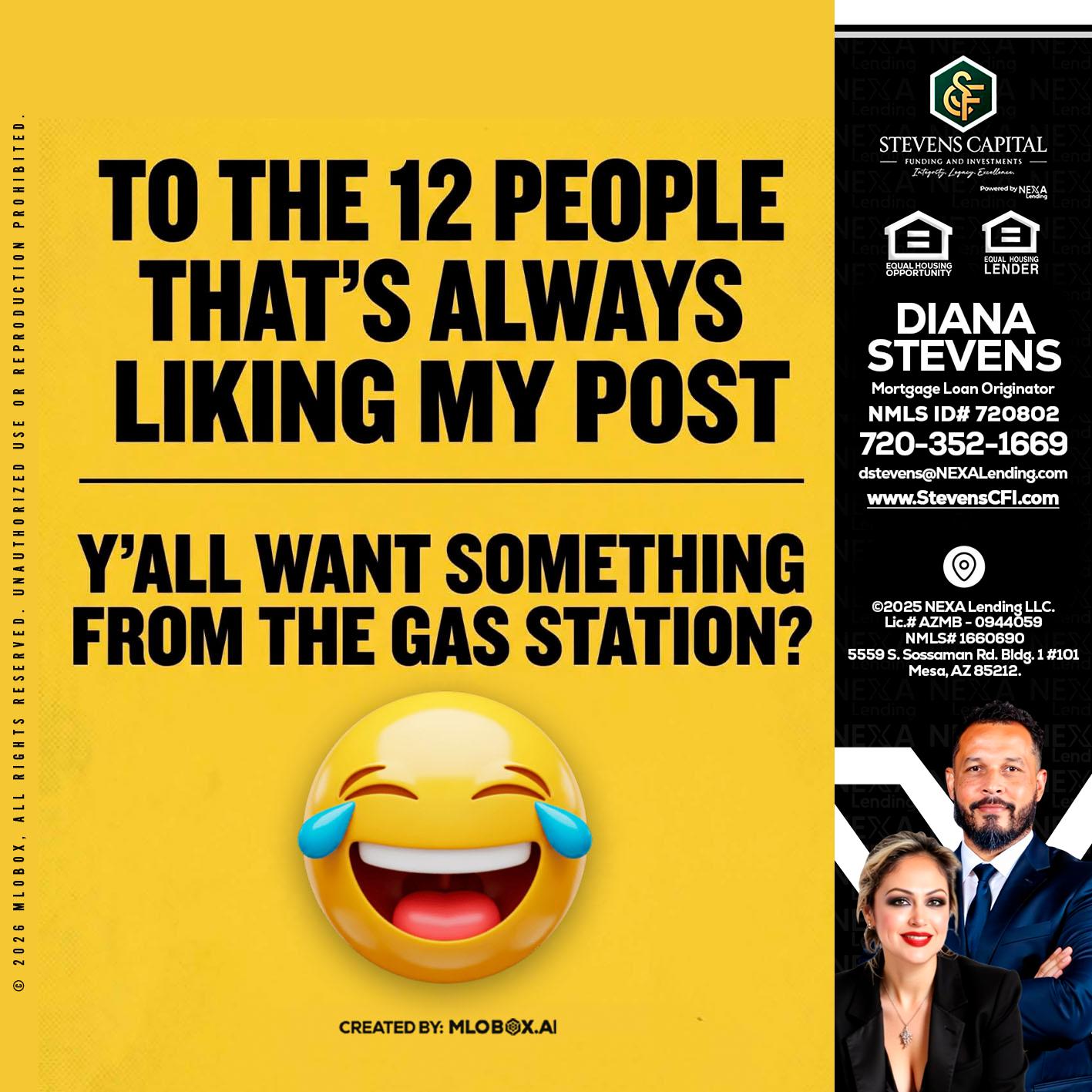 TO THE 12 PEOPLE - Diana Stevens -Mortgage Loan Originator